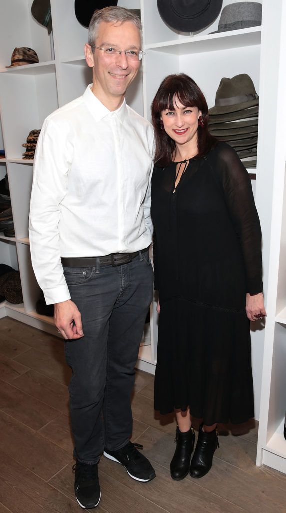 Eric Berger and Nikki Connors pictured at the unveil of The Anthony Peto Christmas Hat Collection in South Anne Street, Dublin (Picture: Brian McEvoy)