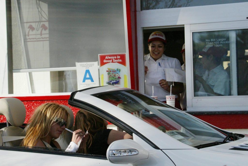 HOLLYWOOD, CA - FEBRUARY 27:    Musician Britney Spears and friend drive through In-N-Out Burger on February 27, 2003 in Hollywood, California. (Photo by Mel Bouzad/Getty Images)