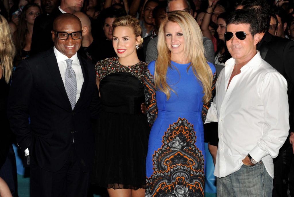 The X Factor judges L.A. Reid, Demi Lovato, Britney Spears and Simon Cowell on September 11, 2012 in Los Angeles, California. (Photo by Kevin Winter/Getty Images)
