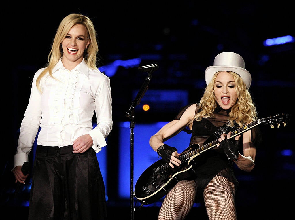 Madonna, with special guest singer Britney Spears, performs during her Sticky and Sweet Tour at Dodger Stadium on November 6, 2008 in Los Angeles, California. (Photo by Kevin Winter/Getty Images)
