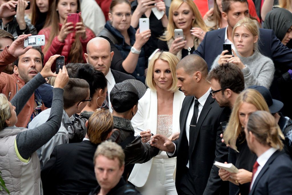 Britney Spears arrives prior to the presentation of dessous collection 'The Intimate Collection' at CentrO shopping mall on September 25, 2014 in Oberhausen, Germany. (Photo by Sascha Steinbach/Getty Images)

