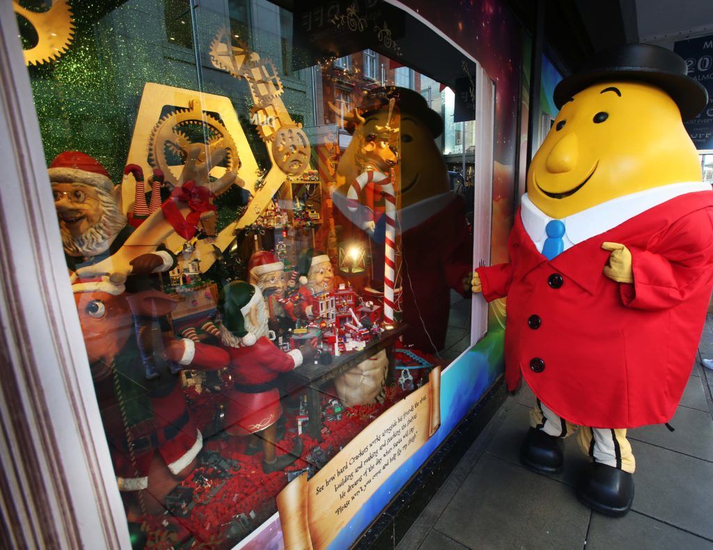 Pictured is Mr. Tayto as Arnotts unveiled their iconic Christmas Windows, which reveal Santa's newest reindeer, Crackers, and also a pop up Tayto Crispmas Workshop. Photograph: Leon Farrell / Photocall Ireland