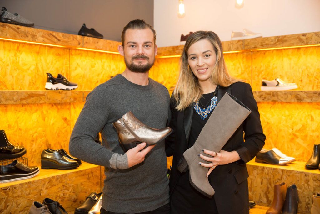 Lisa and Alex Hutchinson from Dundrum as Stylist Courtney Smith and Buffalo Shoe Lab co-create new capsule collection of iconic boots. Store located on Exchequer Street. Photo by Kenneth O' Halloran