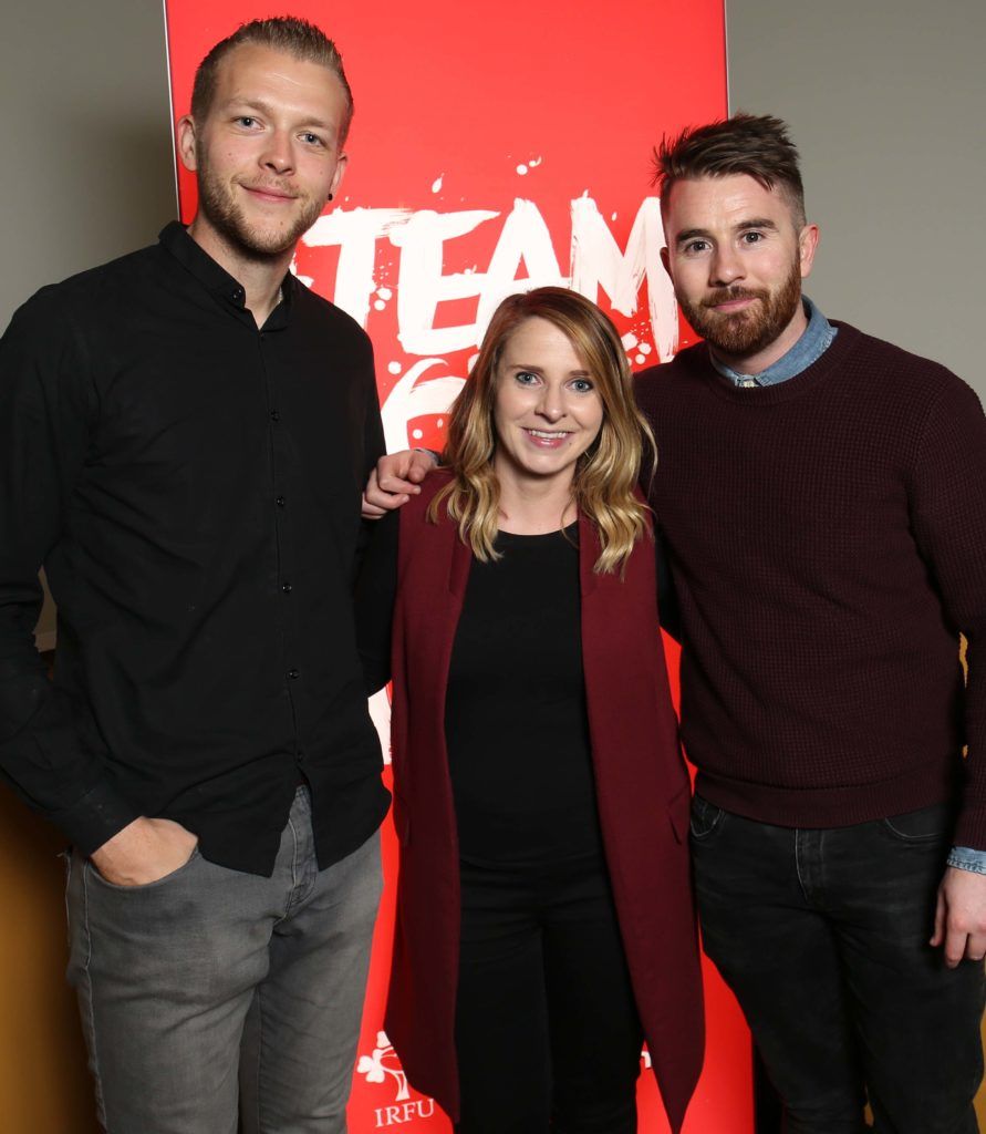 Ricky Joyce with Catherine Joyce and Dave O’Kane, pictured at Vodafone's preview screening of 'Irish Rugby: What We Did Last Summer', a documentary chronicling Ireland's historic summer tour to South Africa, in the Odeon Point Village. Pic. Robbie Reynolds