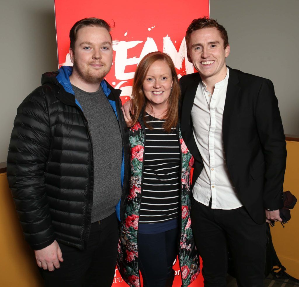 Dave Dunne with Sarah Henry and Dan Lee, pictured at Vodafone's preview screening of 'Irish Rugby: What We Did Last Summer', a documentary chronicling Ireland's historic summer tour to South Africa, in the Odeon Point Village. Pic. Robbie Reynolds