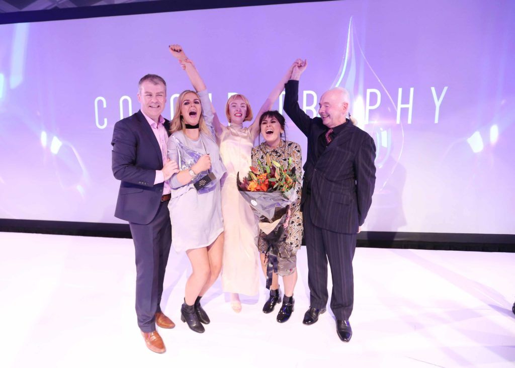 Pictured at the Peter Mark Colour Trophy 2016 are (l to r) Peter Mark CEO Peter O'Rourke, award-winner Megan Murphy, model Louise Gardiner, award-winner Nicole Murtagh and Co-Founder of Peter Mark, Mark Keaveney. MC for the night Brendan Courtney. Photography: Sasko Lazarov/Photocall Ireland