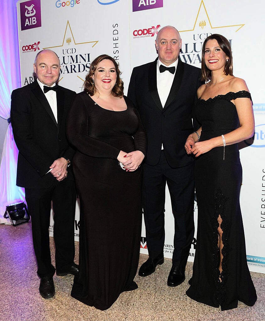 Ucd President Andrew Deeks ,Nicole Black, Dara O Briain and Orla Tighe at the Ucd Alumni Awards 2016 at the UCD Alumni Awards 2016 at O Reilly Hall in UCD, Dublin (Picture: Brian McEvoy).