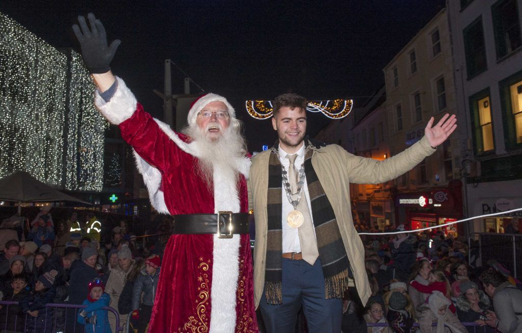 Waterford Mayor Adam Wyse and Santa turn on the Christmas lights at the opening weekend of Winterval Festival in Waterford, Ireland's biggest and best Christmas Festival with a sparkling programme of over 30 different events and activities. Pic Patrick O'Leary