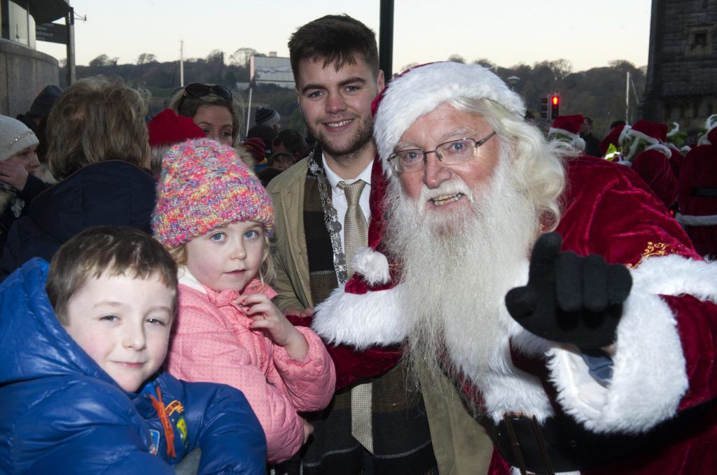 Darragh James, age 5 Aoife James age 7 pictured with Waterford Mayor Adam Wyse and Santa at the opening weekend of Winterval Festival in Waterford, Ireland's biggest and best Christmas Festival with a sparkling programme of over 30 different events and activities. Pic Patrick O'Leary