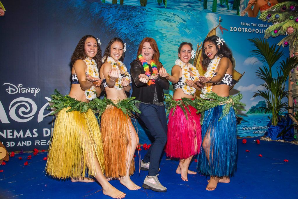 Blathnaid Ni Chofaigh with dance troop Tamure Tahiti pictured at the Disney Ireland Special preview screening of ‘Moana’ at Odeon Point Village. Moana will be released nationwide on Dec 2. Photo. Anthony Woods