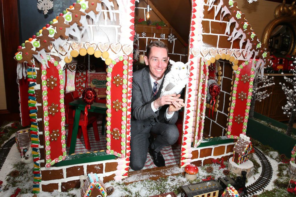 Pictured in a house made of sweets is Ryan Tubridy at the annual Shelbourne Hotel Christmas Tree Lighting Ceremony. With the stunning tree officially lit up by very special guest Ryan Tubridy. Pic: Marc O'Sullivan