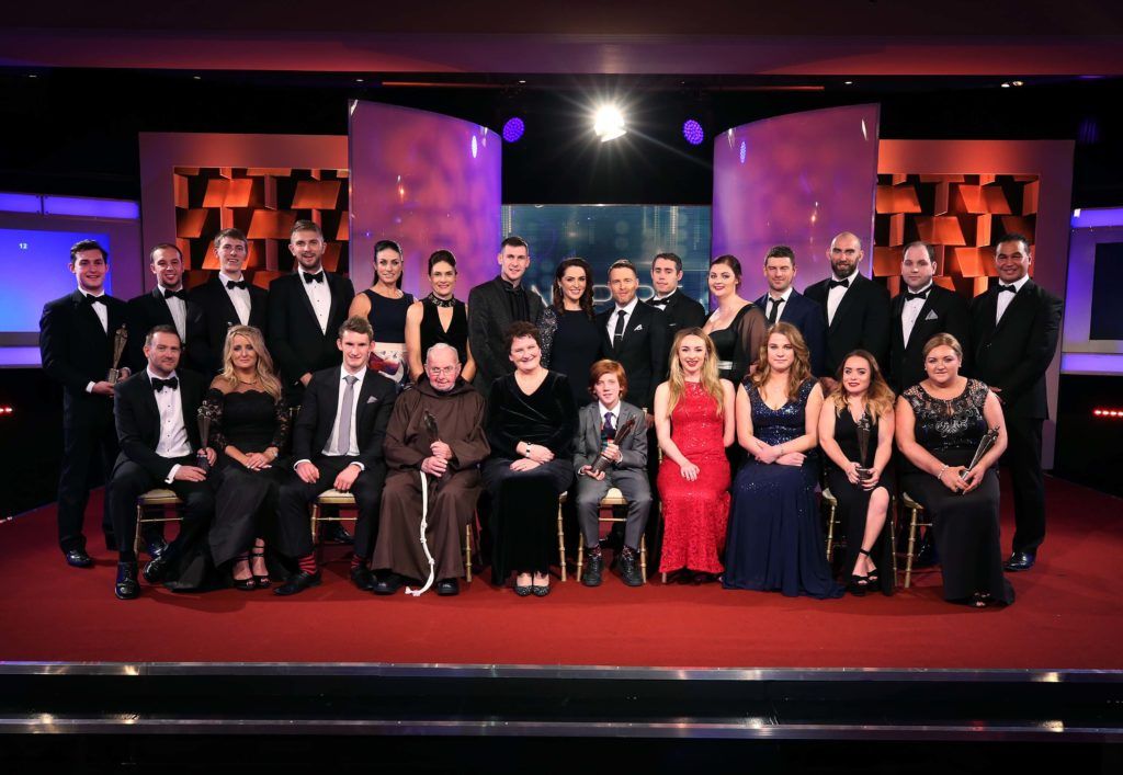 The 2016 People of the Year Award recipients on stage with presenters, Grainne Seoige and Aidan Power along with Rehab CEO, Mo Flynn. Pic. Robbie Reynolds