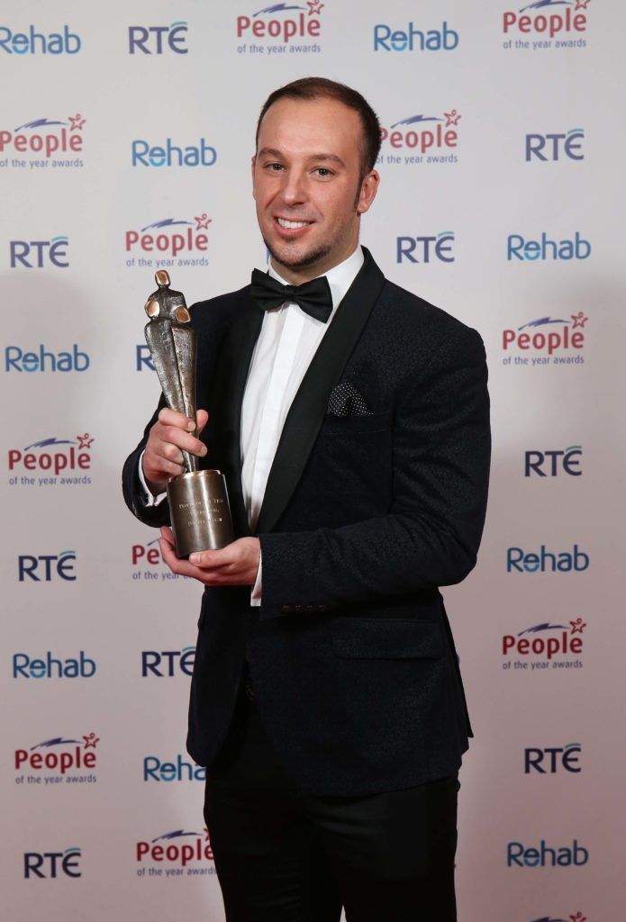 Buncrana tragedy hero Davitt Walsh, pictured with his People of the Year Award presented by Jim McGuinness at the 2016 People of the Year Awards organised by Rehab. Pic. Robbie Reynolds