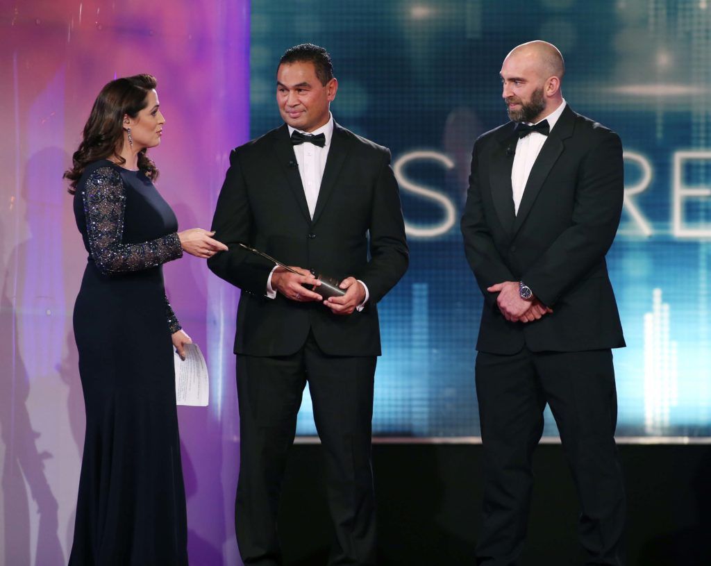 Connacht Rugby Head Coach, Pat Lam and Connacht Captain, John Muldoon, pictured on Stage with Grainne Seoige as they received the Sports Player of the Year Award. Pic. Robbie Reynolds