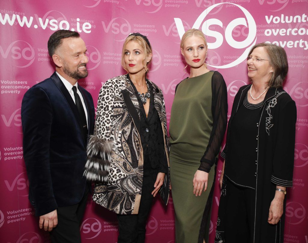 Pictured were models Mary Lee and Simone Va with Irish television presenter and fashion designer Brendan Courtney and Kate O'Donnell, VSO, Executive Director at VSO Ireland's fashion fundraiser Chic at the Shelbourne Hotel. Picture Conor McCabe Photography.