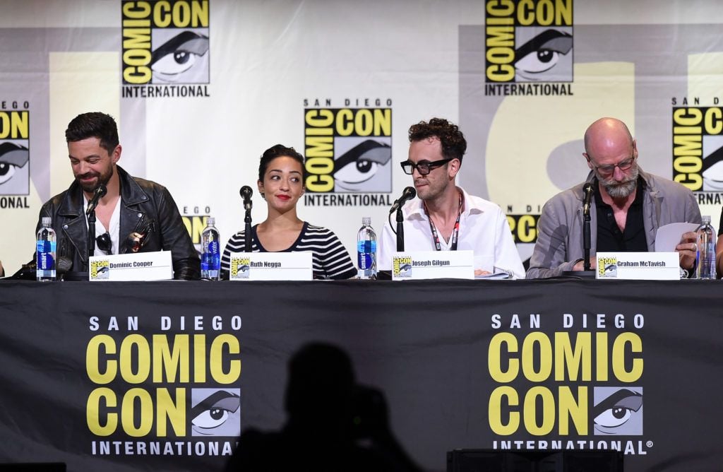 Actors Dominic Cooper, Ruth Negga, Joseph Gilgun, and Graham McTavish attend AMC's "Preacher" panel during Comic-Con international at San Diego Convention Center on July 22, 2016 in San Diego, California.  (Photo by Kevin Winter/Getty Images)