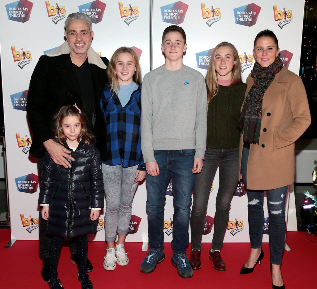 Baz Ashmawy and partner Tanya Evans and their family at the European premiere of BIG the Musical at the Bord Gais Energy Theatre, Dublin (Picture: Brian McEvoy).