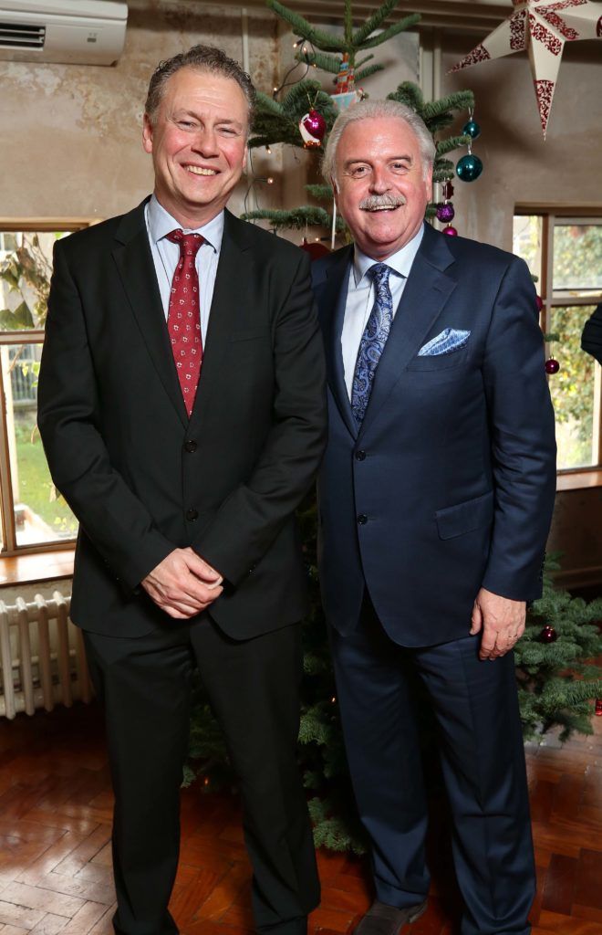 Dermot Griffin and Marty Whelan, pictured at the National Lottery Christmas Lunch held in the Drury Buildings, Dublin. Pic. Robbie Reynolds