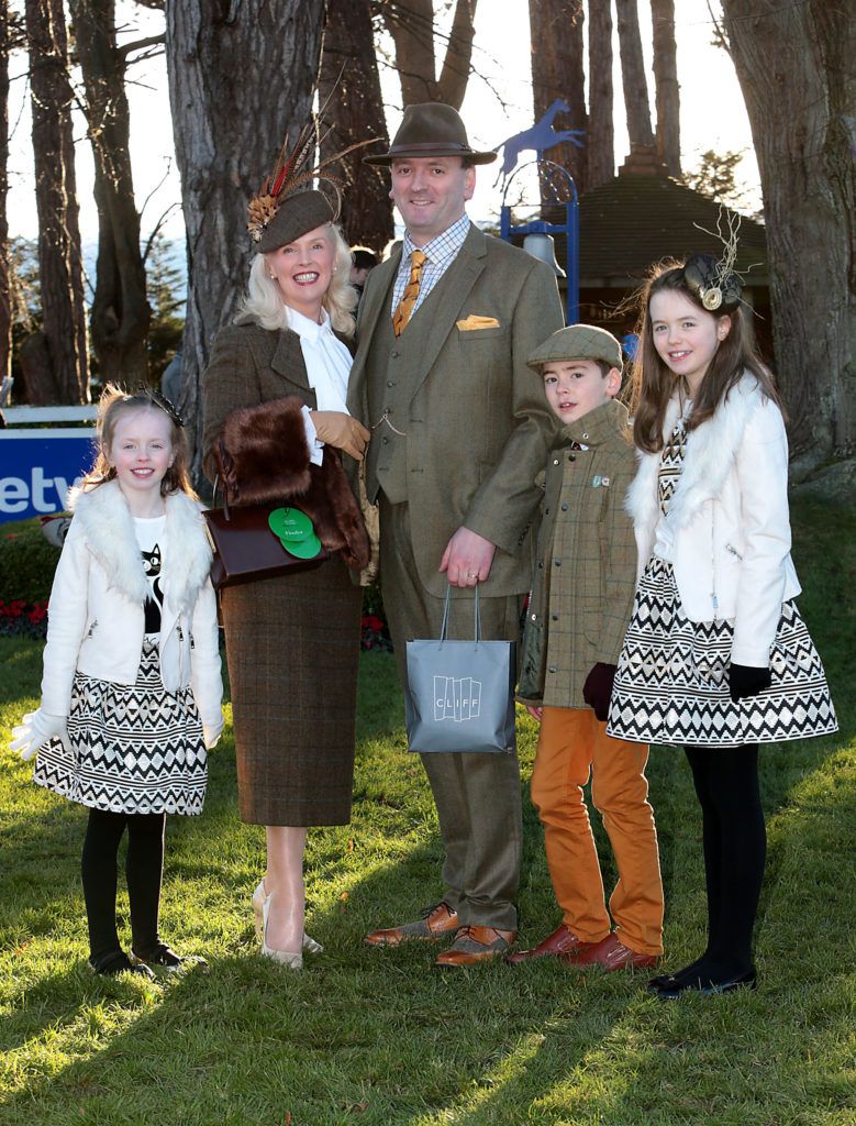 Gillian Gilbourne from Mill Street in Cork pictured with her husband Raymond Gilbourne daughters Shiela Gilbbourne and Margo Gilbourne and son Patrick Gilbourne  after winning 'The Cliff at Lyons Style Stakes' at the Leopardstown Christmas Racing Festival on 28/12/2016 (Pictures: Brian McEvoy)