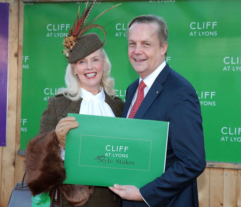 Gillian Gilbourne from Mill Street in Cork is congratulated by Adriaan Bartels -General Manager at Cliff House Hotel Collection after winning 'The Cliff at Lyons Style Stakes' at the Leopardstown Christmas Racing Festival on 28/12/2016 (Pictures: Brian McEvoy)