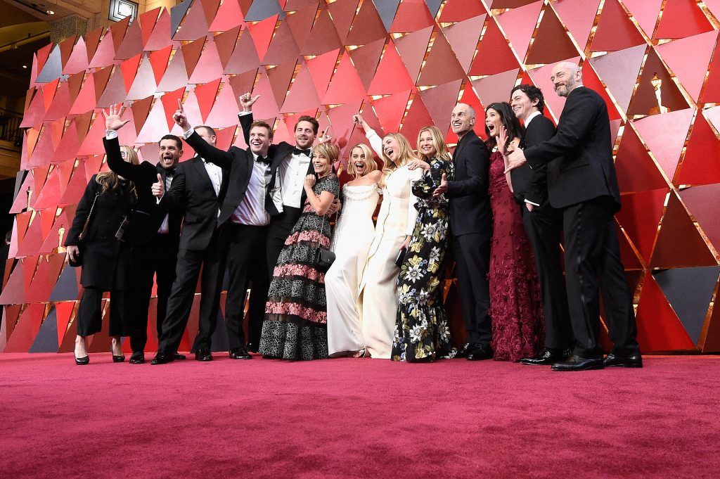 HOLLYWOOD, CA - MARCH 04:  The cast and crew of 'I,Tonya' attends the 90th Annual Academy Awards at Hollywood & Highland Center on March 4, 2018 in Hollywood, California.  (Photo by Kevork Djansezian/Getty Images)