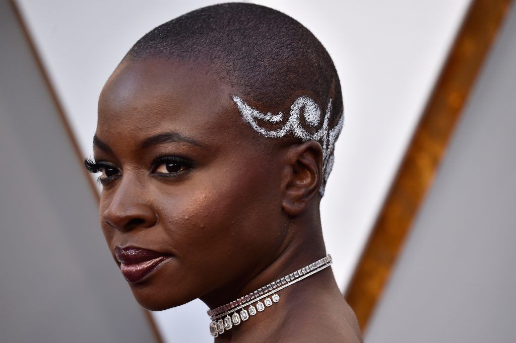 Danai Gurira, hair and necklace details, attends the 90th Annual Academy Awards at Hollywood & Highland Center on March 4, 2018 in Hollywood, California.  (Photo by Frazer Harrison/Getty Images)