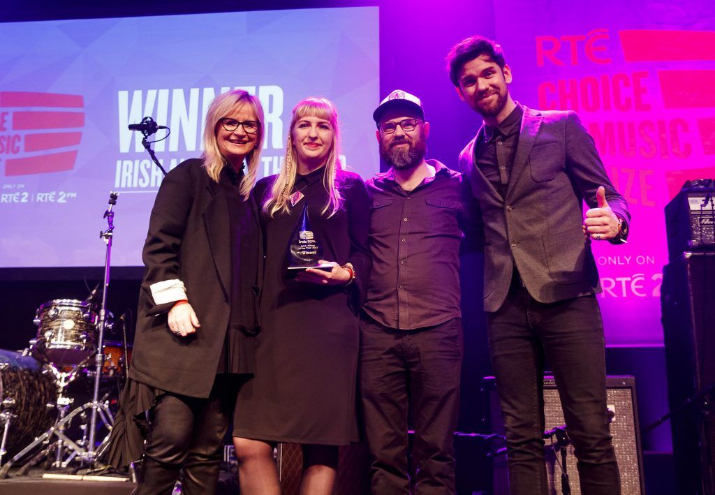 Album of the Year goes to Ships, Sorcha McGrath and Simon Cullen pictured with host Eoghan McDermott at the RTE Choice Music Prize at Vicar Street, March 8th 2018. Picture by Andres Poveda