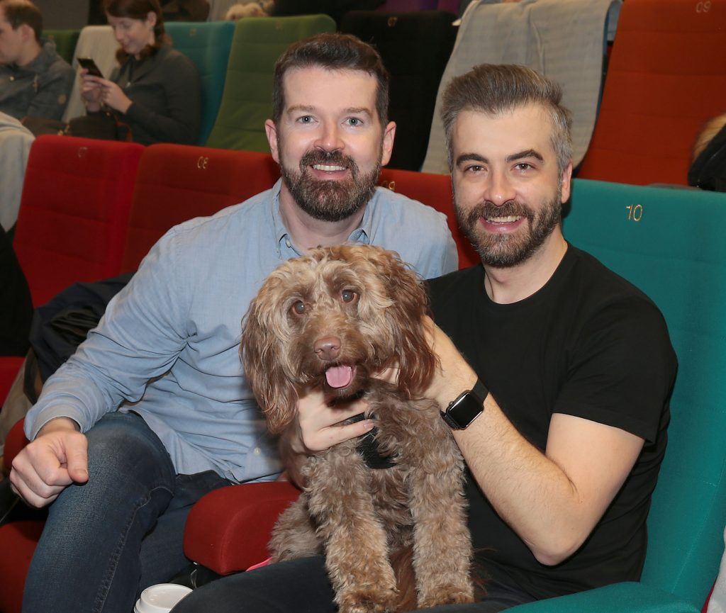 Dave Burke and Miguel Riva with their dog Murphy at the special preview screening of Isle of Dogs at the Lighthouse Cinema, Dublin. Photo by Brian McEvoy