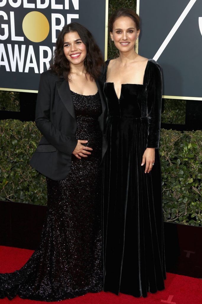BEVERLY HILLS, CA - JANUARY 07:  Actors America Ferrera (L) and Natalie Portman attend The 75th Annual Golden Globe Awards at The Beverly Hilton Hotel on January 7, 2018 in Beverly Hills, California.  (Photo by Frederick M. Brown/Getty Images)