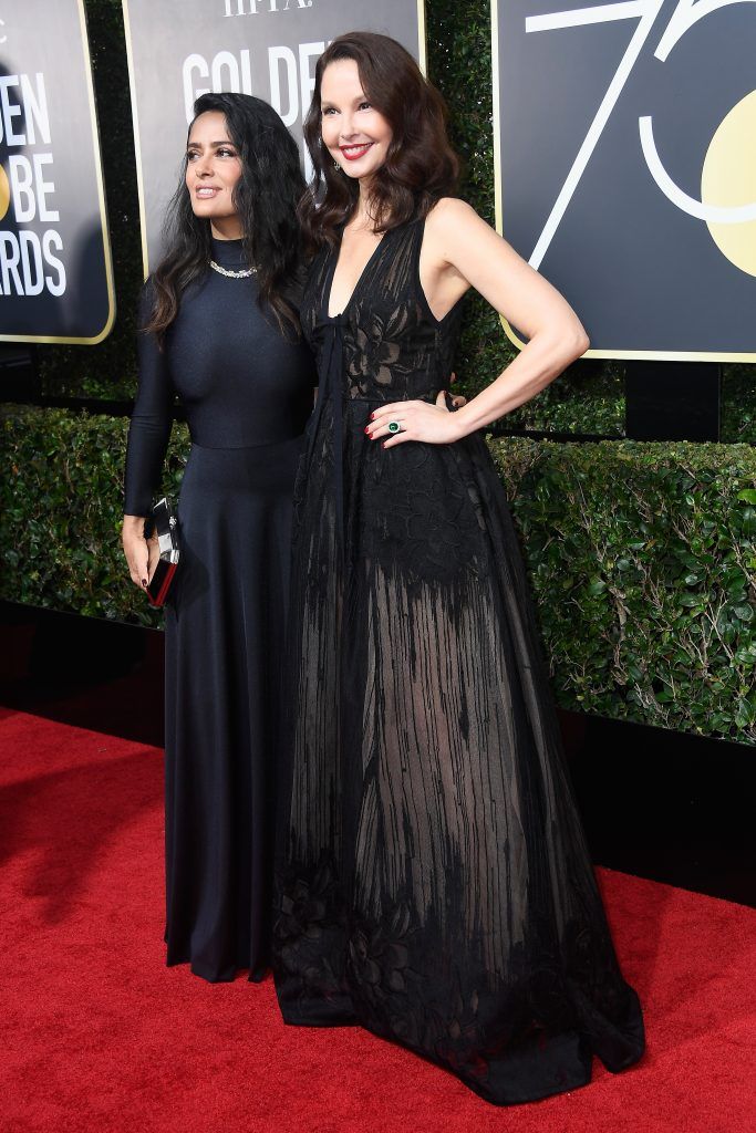 BEVERLY HILLS, CA - JANUARY 07:  Actors Salma Hayek (L) and Ashley Judd attend The 75th Annual Golden Globe Awards at The Beverly Hilton Hotel on January 7, 2018 in Beverly Hills, California.  (Photo by Frazer Harrison/Getty Images)