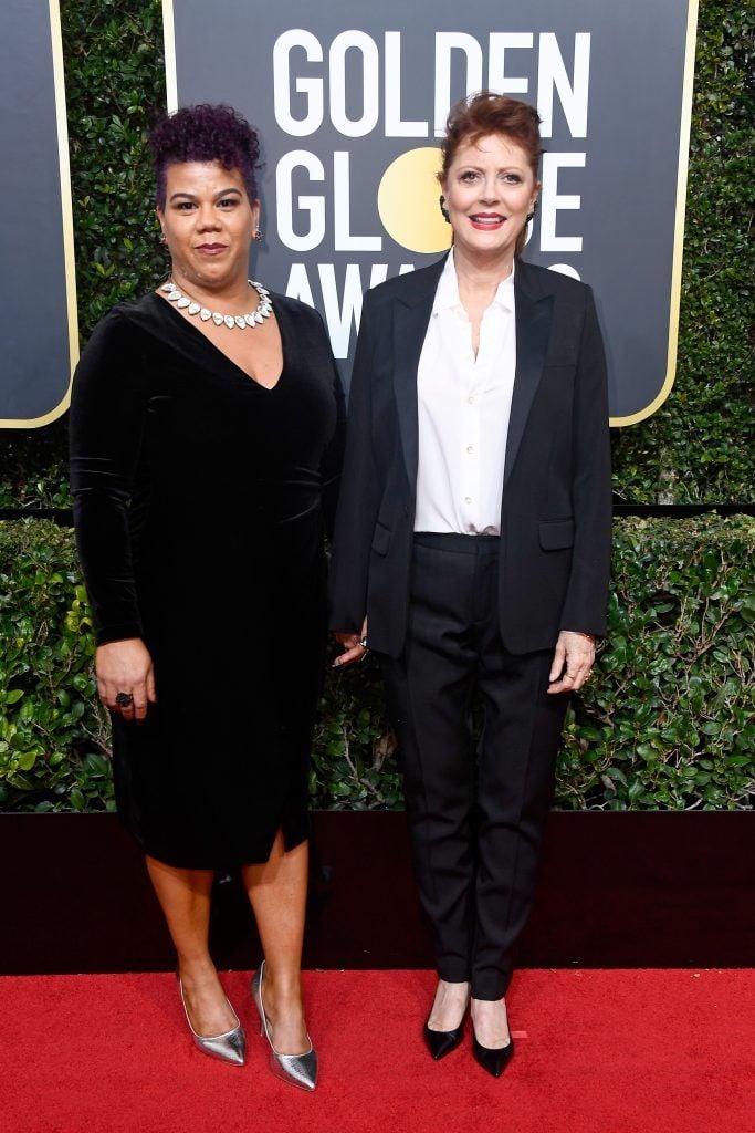BEVERLY HILLS, CA - JANUARY 07:  Actor Susan Sarandon (R) and community organizer Rosa Clemente attend The 75th Annual Golden Globe Awards at The Beverly Hilton Hotel on January 7, 2018 in Beverly Hills, California.  (Photo by Frazer Harrison/Getty Images)