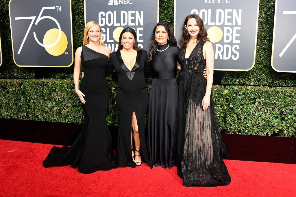 BEVERLY HILLS, CA - JANUARY 07:  (L-R) Actors Reese Witherspoon, Eva Longoria, Salma Hayek, and Ashley Judd attend The 75th Annual Golden Globe Awards at The Beverly Hilton Hotel on January 7, 2018 in Beverly Hills, California.  (Photo by Frazer Harrison/Getty Images)