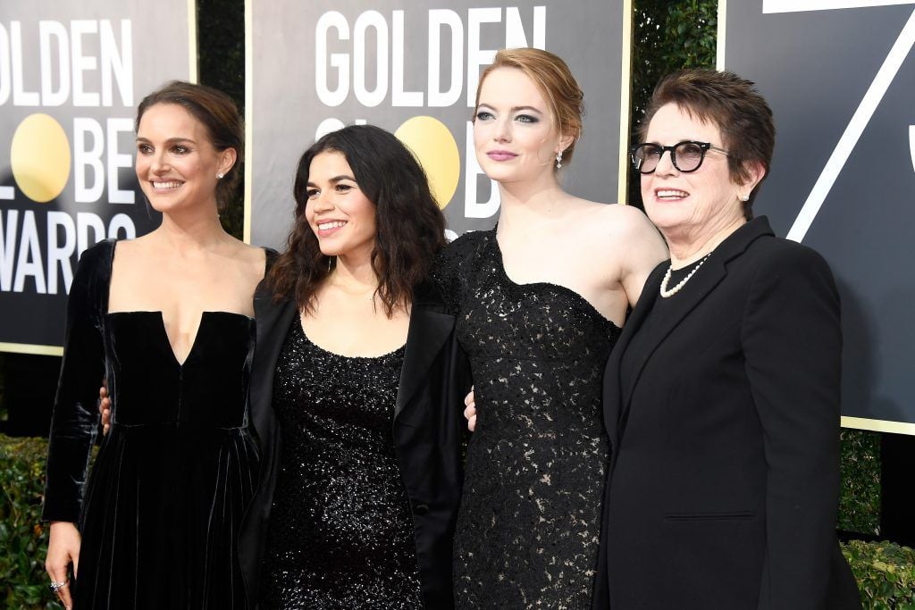 BEVERLY HILLS, CA - JANUARY 07:  (L-R) Actors Natalie Portman, America Ferrera, and Emma Stone, and former tennis player Billie Jean King attend The 75th Annual Golden Globe Awards at The Beverly Hilton Hotel on January 7, 2018 in Beverly Hills, California.  (Photo by Frazer Harrison/Getty Images)