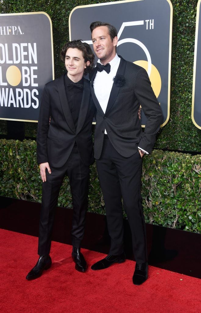 BEVERLY HILLS, CA - JANUARY 07:  Actor Timothee Chalamet (L) and Armie Hammer attend The 75th Annual Golden Globe Awards at The Beverly Hilton Hotel on January 7, 2018 in Beverly Hills, California.  (Photo by Frazer Harrison/Getty Images)