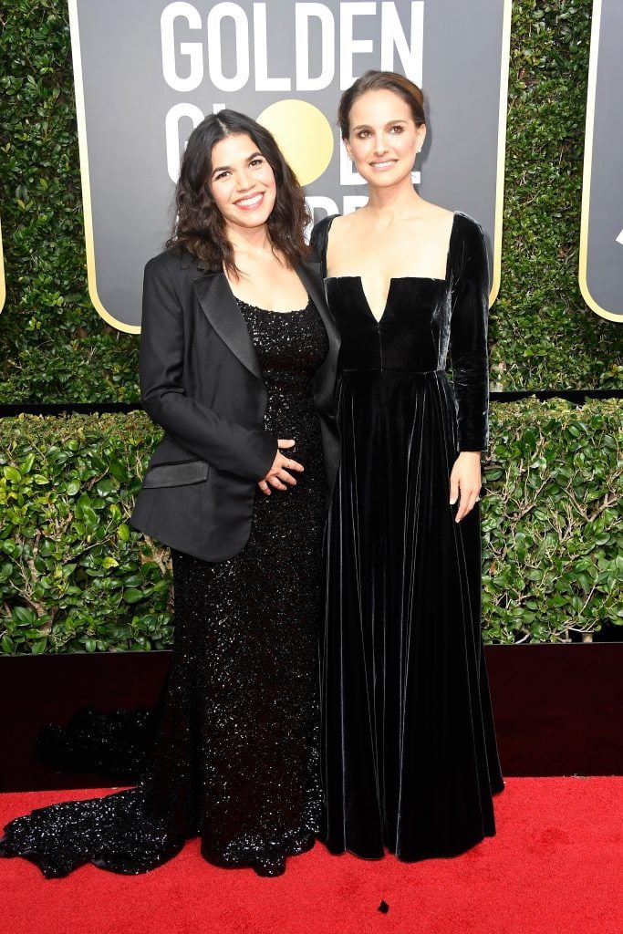 BEVERLY HILLS, CA - JANUARY 07: America Ferrera and Natalie Portman attends The 75th Annual Golden Globe Awards at The Beverly Hilton Hotel on January 7, 2018 in Beverly Hills, California.  (Photo by Frazer Harrison/Getty Images)