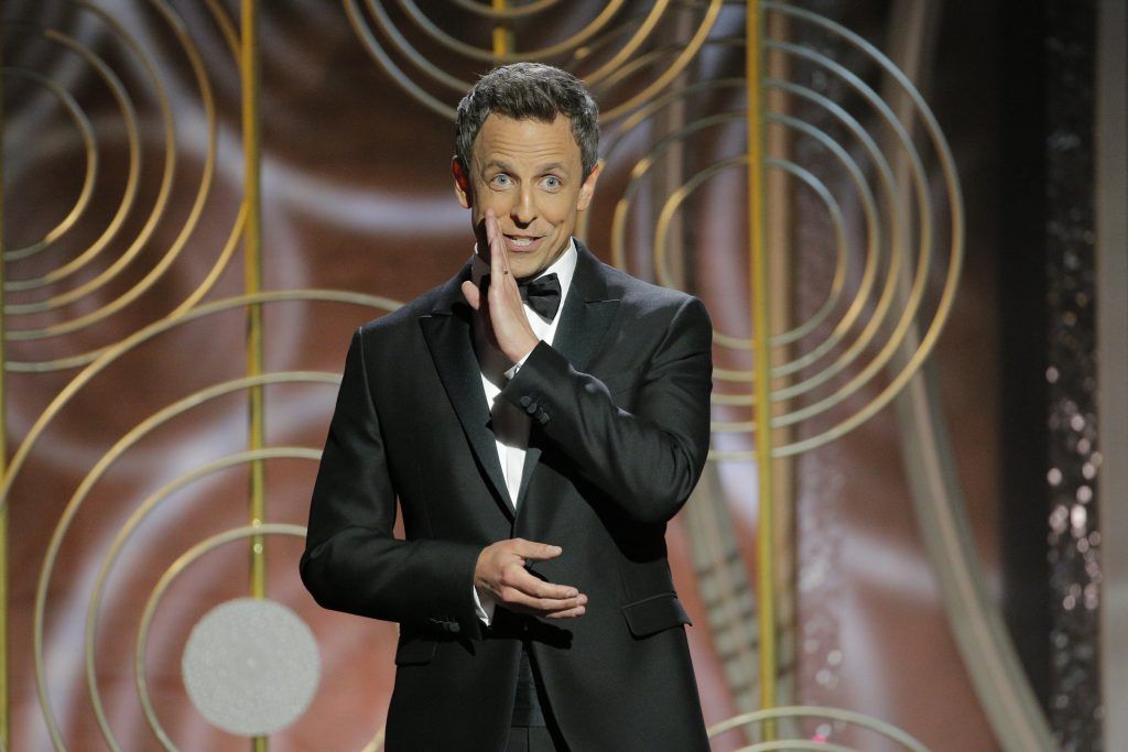 BEVERLY HILLS, CA - JANUARY 07:  In this handout photo provided by NBCUniversal, Host Seth Meyers speaks onstage during the 75th Annual Golden Globe Awards at The Beverly Hilton Hotel on January 7, 2018 in Beverly Hills, California.  (Photo by Paul Drinkwater/NBCUniversal via Getty Images)