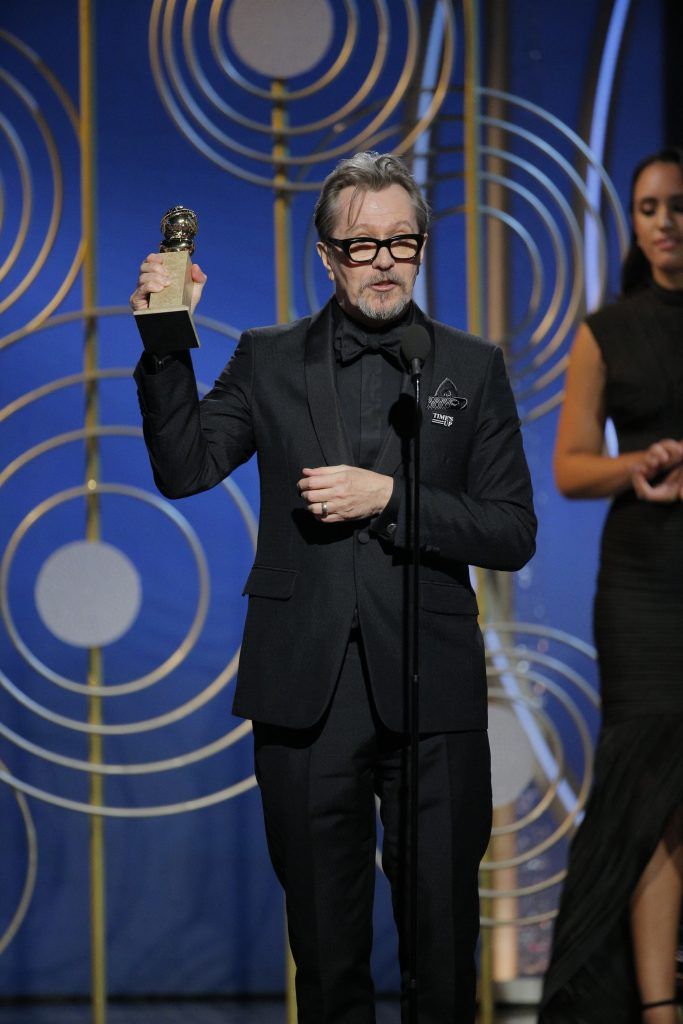 BEVERLY HILLS, CA - JANUARY 07:  In this handout photo provided by NBCUniversal,  Gary Oldman accepts the award for Best Performance by an Actor in a Motion Picture – Drama for “Darkest Hour”  during the 75th Annual Golden Globe Awards at The Beverly Hilton Hotel on January 7, 2018 in Beverly Hills, California.  (Photo by Paul Drinkwater/NBCUniversal via Getty Images)