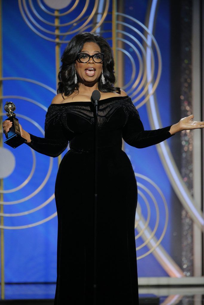 BEVERLY HILLS, CA - JANUARY 07:  In this handout photo provided by NBCUniversal, Oprah Winfrey accepts the 2018 Cecil B. DeMille Award   speaks onstage during the 75th Annual Golden Globe Awards at The Beverly Hilton Hotel on January 7, 2018 in Beverly Hills, California.  (Photo by Paul Drinkwater/NBCUniversal via Getty Images)