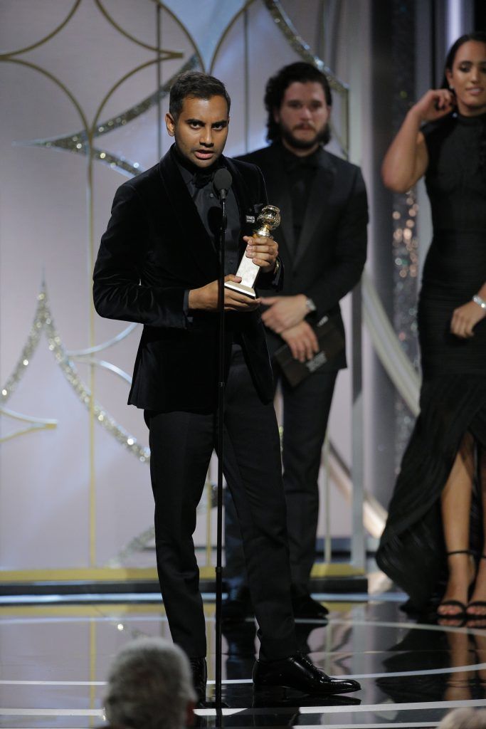 BEVERLY HILLS, CA - JANUARY 07:  In this handout photo provided by NBCUniversal,   Aziz Ansari accepts the award for Best Performance by an Actor in a Television Series – Musical or Comedy for “Master of None”  during the 75th Annual Golden Globe Awards at The Beverly Hilton Hotel on January 7, 2018 in Beverly Hills, California.  (Photo by Paul Drinkwater/NBCUniversal via Getty Images)