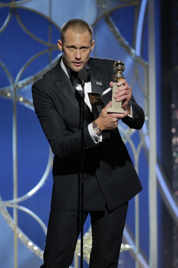 BEVERLY HILLS, CA - JANUARY 07:  In this handout photo provided by NBCUniversal,  Alexander Skarsgård accepts the award for Best Performance by an Actor in a Supporting Role in a Series, Limited Series or Motion Picture Made for Television for “Big Little Lies” during the 75th Annual Golden Globe Awards at The Beverly Hilton Hotel on January 7, 2018 in Beverly Hills, California.  (Photo by Paul Drinkwater/NBCUniversal via Getty Images)