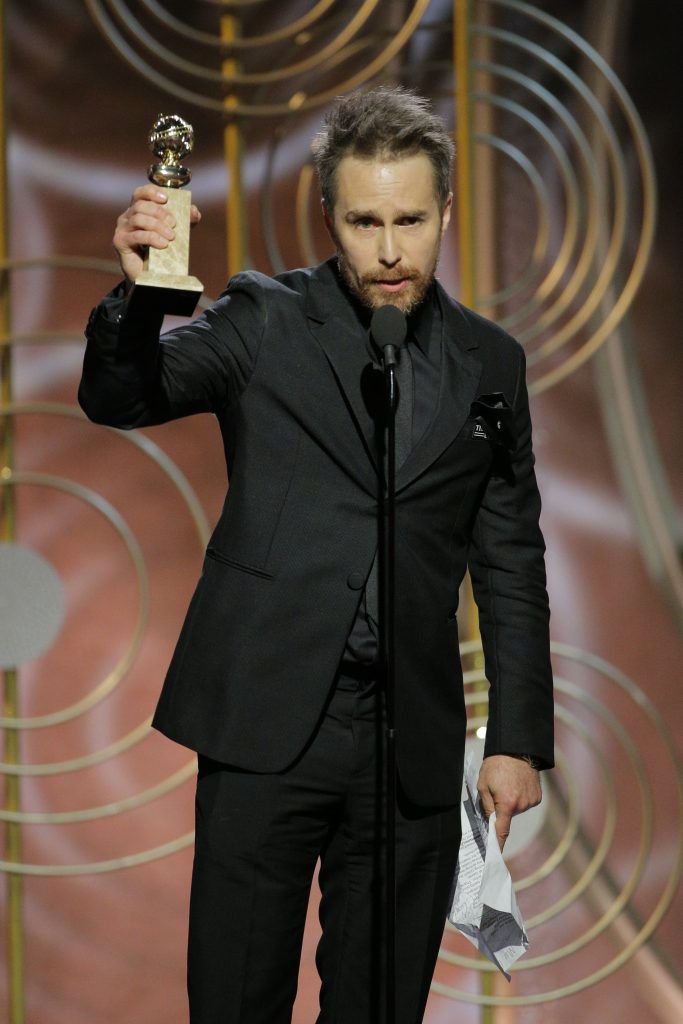 BEVERLY HILLS, CA - JANUARY 07:  In this handout photo provided by NBCUniversal,  Sam Rockwell accepts the award for Best Performance by an Actor in a Supporting Role in a Motion Picture for “Three Billboards Outside Ebbing, Missouri” during the 75th Annual Golden Globe Awards at The Beverly Hilton Hotel on January 7, 2018 in Beverly Hills, California.  (Photo by Paul Drinkwater/NBCUniversal via Getty Images)