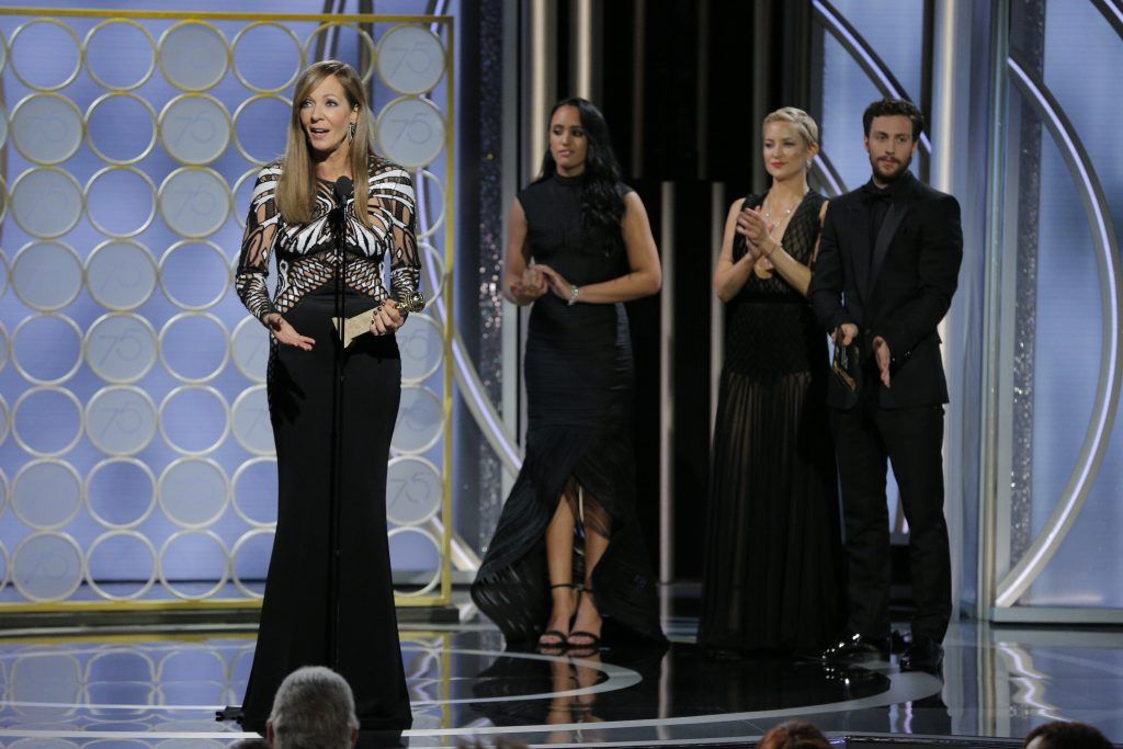 BEVERLY HILLS, CA - JANUARY 07:  In this handout photo provided by NBCUniversal,  Allison Janney accepts the award Best Performance by an Actress in a Supporting Role in a Motion Picture for “I, Tonya” during the 75th Annual Golden Globe Awards at The Beverly Hilton Hotel on January 7, 2018 in Beverly Hills, California.  (Photo by Paul Drinkwater/NBCUniversal via Getty Images)