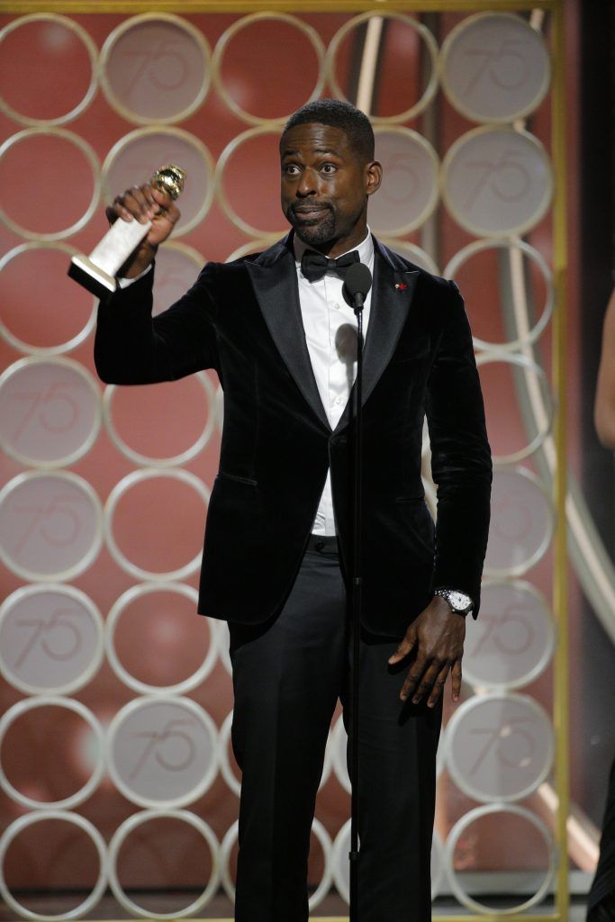 BEVERLY HILLS, CA - JANUARY 07:  In this handout photo provided by NBCUniversal,  Sterling K. Brown accepts the award for Best Performance by an Actor in a Television Series – Drama for “This is Us”  during the 75th Annual Golden Globe Awards at The Beverly Hilton Hotel on January 7, 2018 in Beverly Hills, California.  (Photo by Paul Drinkwater/NBCUniversal via Getty Images)