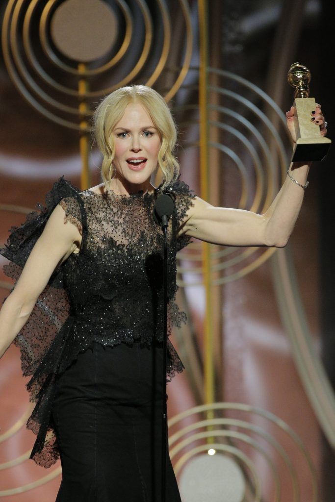 BEVERLY HILLS, CA - JANUARY 07:  In this handout photo provided by NBCUniversal,  Nicole Kidman accepts the award for Best Performance by an Actress in a Limited Series or Motion Picture Made for Television for "Big Little Lies" speaks onstage during the 75th Annual Golden Globe Awards at The Beverly Hilton Hotel on January 7, 2018 in Beverly Hills, California.  (Photo by Paul Drinkwater/NBCUniversal via Getty Images)