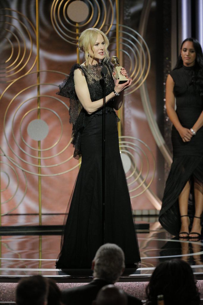 BEVERLY HILLS, CA - JANUARY 07:  In this handout photo provided by NBCUniversal,  Nicole Kidman accepts the award for Best Performance by an Actress in a Limited Series or Motion Picture Made for Television for "Big Little Lies" speaks onstage during the 75th Annual Golden Globe Awards at The Beverly Hilton Hotel on January 7, 2018 in Beverly Hills, California.  (Photo by Paul Drinkwater/NBCUniversal via Getty Images)