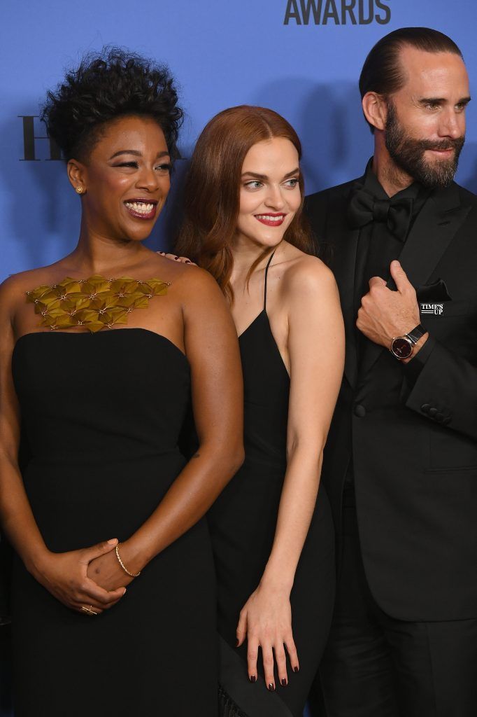 BEVERLY HILLS, CA - JANUARY 07:  (L-R) Actors Samira Wiley, Madeline Brewer, Joseph Fiennes of 'The Handmaid's Tale' pose with their awards for Best Television Series Drama in the press room during The 75th Annual Golden Globe Awards at The Beverly Hilton Hotel on January 7, 2018 in Beverly Hills, California.  (Photo by Kevin Winter/Getty Images)