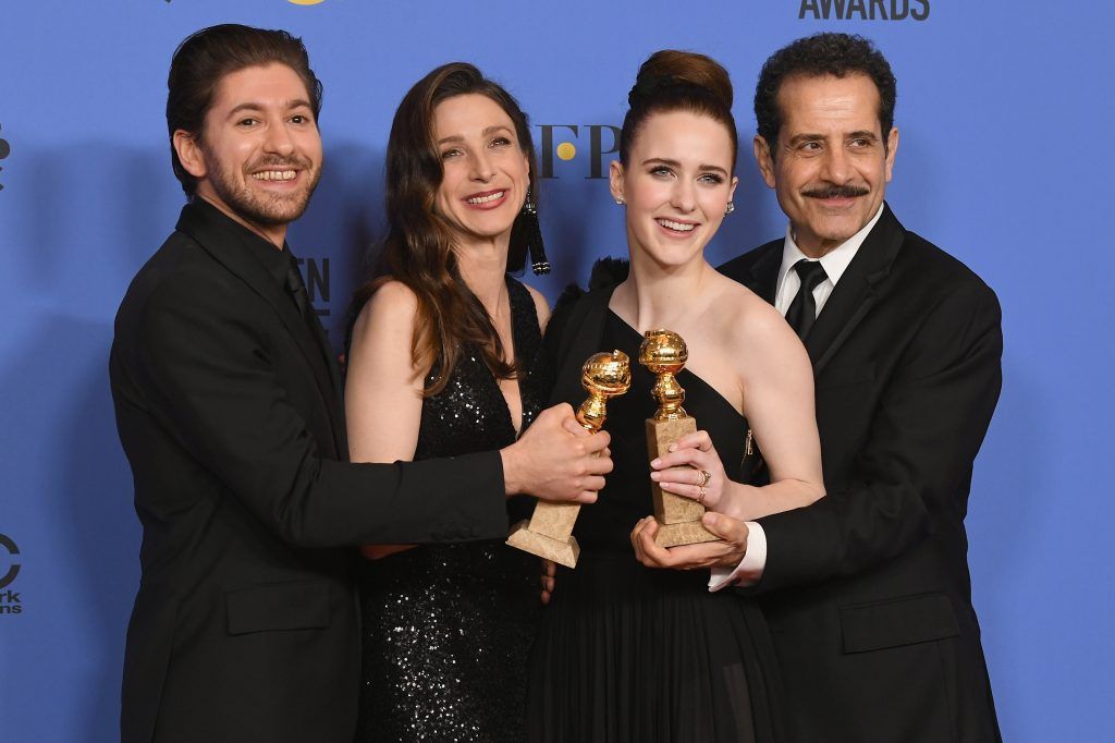 BEVERLY HILLS, CA - JANUARY 07:  Michael Zegen, Marin Hinkle, Rachel Brosnahan and Tony Shalhoub pose with the award for Best Television Series Musical or Comedy for 'The Marvelous Mrs. Maisel' in the press room during The 75th Annual Golden Globe Awards at The Beverly Hilton Hotel on January 7, 2018 in Beverly Hills, California.  (Photo by Kevin Winter/Getty Images)