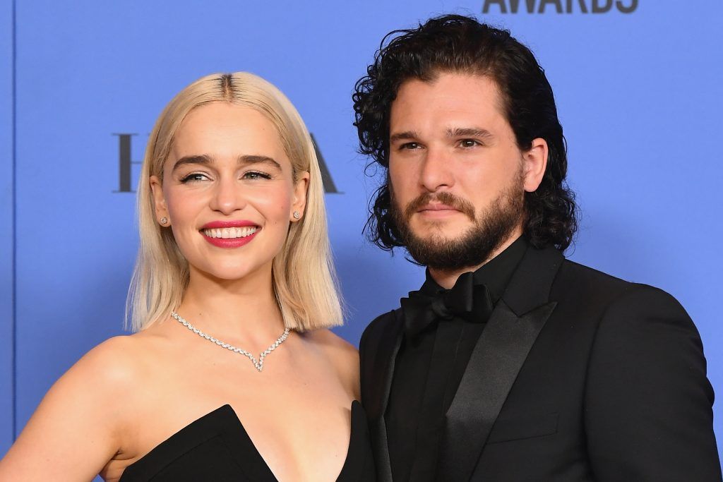 BEVERLY HILLS, CA - JANUARY 07:  (L-R) Actors Emilia Clarke and Kit Harington pose in the press room during The 75th Annual Golden Globe Awards at The Beverly Hilton Hotel on January 7, 2018 in Beverly Hills, California.  (Photo by Kevin Winter/Getty Images)