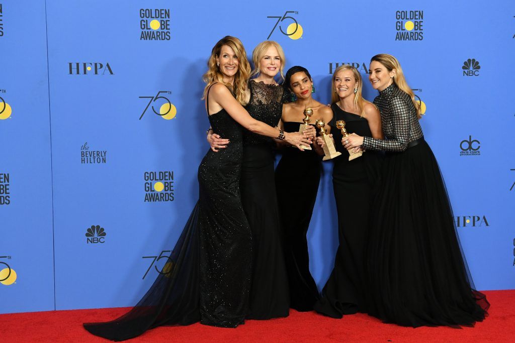 BEVERLY HILLS, CA - JANUARY 07:  (L-R) Actors Laura Dern, Nicole Kidman, Zoe Kravitz, Reese Witherspoon and Shailene Woodley pose with the Best Television Limited Series or Motion Picture Made for Television award for 'Big Little Lies' in the press room during The 75th Annual Golden Globe Awards at The Beverly Hilton Hotel on January 7, 2018 in Beverly Hills, California.  (Photo by Kevin Winter/Getty Images)