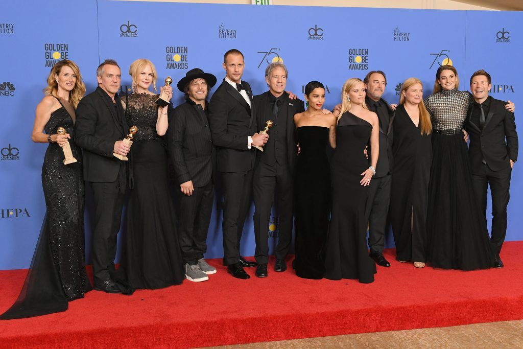 BEVERLY HILLS, CA - JANUARY 07:  (L-R) Laura Dern, Jean-Marc Vallee, Nicole Kidman, Nathan Ross, Alexander Skarsgård, David E. Kelley, Zoe Kravitz, Gregg Fienberg, Jeffrey Nordling, Bruna Papandrea, Shailene Woodley and Per Saari pose with the Best Television Limited Series or Motion Picture Made for Television award for 'Big Little Lies' in the press room during The 75th Annual Golden Globe Awards at The Beverly Hilton Hotel on January 7, 2018 in Beverly Hills, California.  (Photo by Kevin Winter/Getty Images)